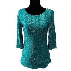 Reitman’s Sparkly Sequin Dressy Top  Scoop Neck 3/4 Bracelet Sleeve Teal XS NEW
